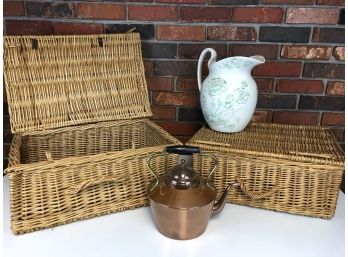 Vintage Wicker Basket Duo With Latches 18.5' X 13' Copper Kettle And Large Pitcher