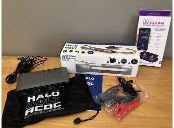 Halo Bolt Wireless Jump Start, Halo Bolt Flash Light/Charger, UV Clean Phone Sanitizer - ALL NEW NEVER USED