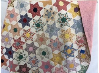 Vintage Handmade Patchwork Quilt - Pink Reverse, Some Repairs Needed 68'x84'