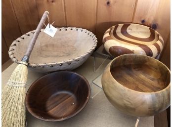 Primitive Wooden Bowl, Burled Walnut Bowl  & Broom Set PLUS