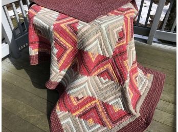 Light And Dark Log Cabin Quilt, With Red Plaid Reverse And Boarder - 68x90