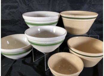 Vintage Stoneware Bowl Trio X 2 - Green Accents, Made In USA