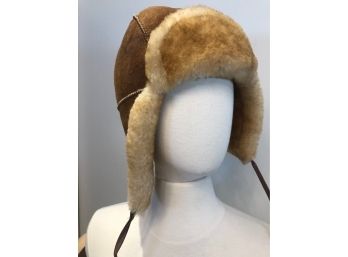 Shearling Hat With Ear Flaps By J Crew, Leather Chin Straps