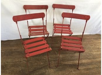 Antique Red Painted Garden Folding Chairs 4px - Metal Legs & Wood Slats
