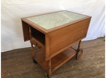 Vintage Tea Cart With Marbleized Glass Top By Hekman - Drop Down Sides, Open Shelf
