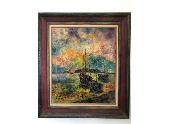 Impasto Mid-century Painting - Signed, Guido F...? - Wood Frame, Linen Border - Boats