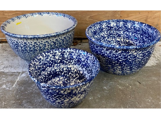 Three Blue And White Spatterware Bowls