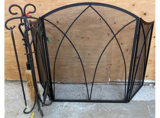 Three Part Folding Iron Fireplace Screen With Matching Tools
