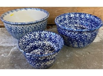 Three Blue And White Spatterware Bowls