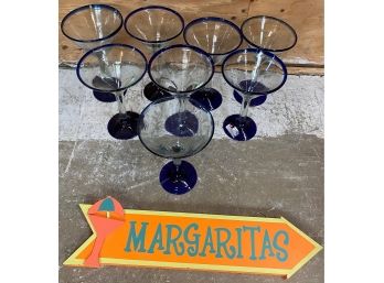 Eight Cobalt And Clear Hand Blown Margarita Glasses And Margarita Sign
