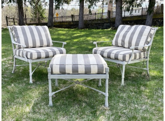 A Pair Of Cast Aluminum Arm Chairs And Ottoman W/ Sunbrella Cushions By Outdoor Classics - 'c'
