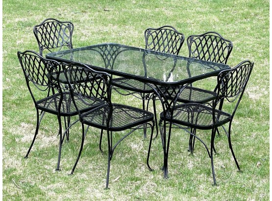 A Pristine Vintage Woodard 'Florentine' Glass Top Dining Table And Set Of 6 Chairs C. 1940's