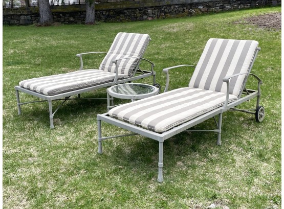 A Pair Of Cast Aluminum Lounge Chairs And Cocktail Table W/ Sunbrella Cushions By Outdoor Classics - 'B'