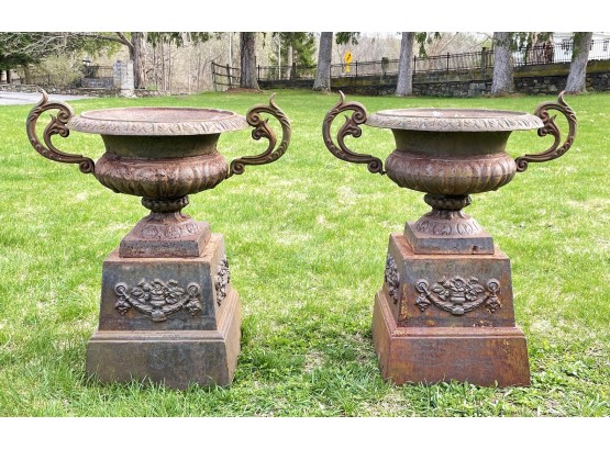 A Pair Of Stunning 19th Century French Cast Iron Urns On Plinths