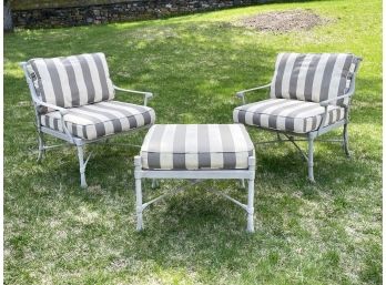 A Pair Of Cast Aluminum Arm Chairs And Ottoman W/ Sunbrella Cushions By Outdoor Classics - 'b'
