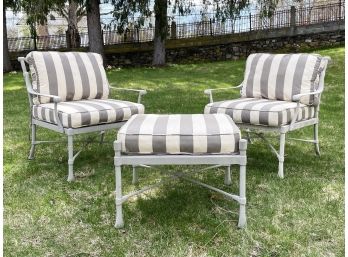 A Pair Of Cast Aluminum Arm Chairs And Ottoman W/ Sunbrella Cushions By Outdoor Classics - 'a'