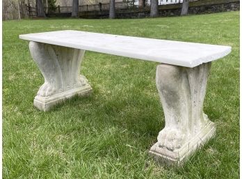 A Vintage Cast Stone Garden Bench With Marble Seat