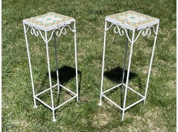 A Pair Of Mosaic Top Wrought Iron Plant Stands Or Cocktail Tables