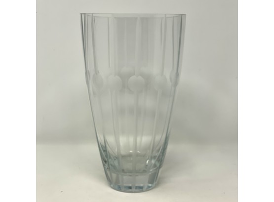Large Hand Engraved Crystal Vase With Vertical Stripes & Dots 10' X 5 3/4'