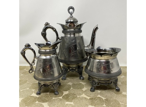 Late 19th Century DERBY SILVER Aesthetic Movement 3 Piece Coffee Set Quad Plated