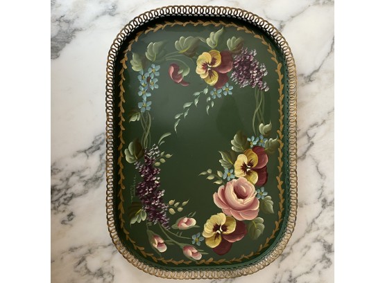 Green Floral Signed Hand Painted Tole Ware Tray With Pierced Interlocking Circles Rim