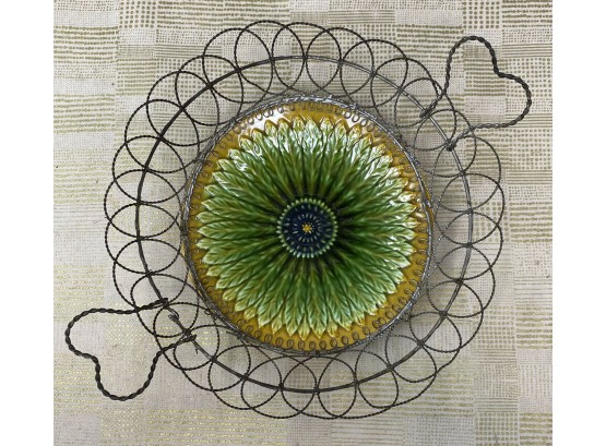 Antique French Twisted Wire Basket With French Majolica SUNFLOWER Plate C.1890