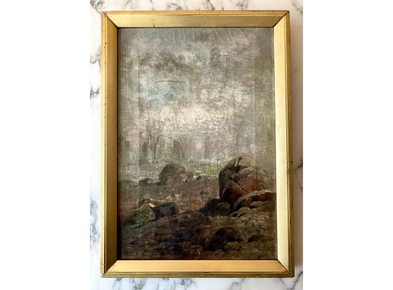 Antique Oil On Canvas Rocky Landscape Painting Charles Randall