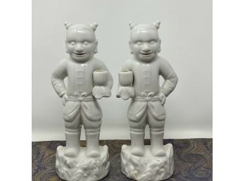 Pair Of Blanc De Chine Chinamen Deity Figures Candle Incense Holders 8'