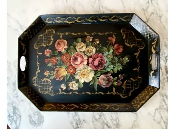 Large 26' X 18' - 8 Sided TOLE Hand Painted Tray With Two Handles, Hand Rolled Edges