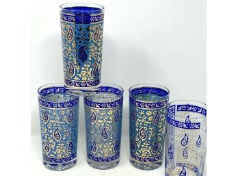 Set/5 Vintage GEORGES BRIARD Blue & Gold Paisley 5.5' Highball Cocktail Glasses
