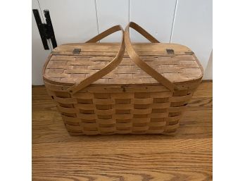 Vintage Large Wooden Picnic Basket With Bras Hinged Lid 20 1/2' X 11' X 11 1/2'