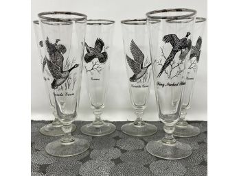 Set/6 Vintage Pilsner Glasses With Black Waterfowl Bird Designs & Silver Rims