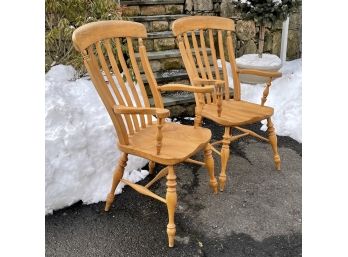 Pair Of Vintage Hand Made Pine Picket Back Armchairs