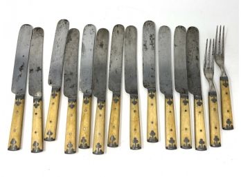 19th Century: 12 Knives  2 Forks Bingham's Best Brand Bone Handle Pewter Inlay