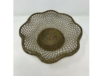 Antique Victorian Hand Woven Brass Wire 10' Basket Bowl With Contoured Edge