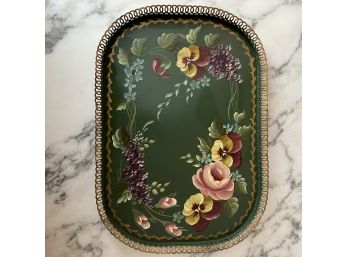 Green Floral Signed Hand Painted Tole Ware Tray With Pierced Interlocking Circles Rim