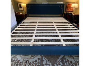 Contemporary KING SIZE Platform Bed Navy Blue Upholstery With Tack Head Design