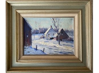 Mid Century Leslie Dawson Impressionist Winter Landscape Oil Painting On Canvas Board
