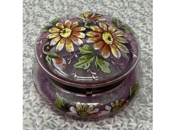 Vintage`French Gilt Hand Painted Enamel Flowers Purple Glass Vanity Powder Box