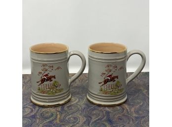 Pair Of Vintage DENBY ENGLAND Fox Hunt Beer Steins MUGS With Gold Rims