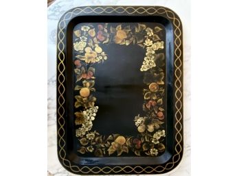 Giant Antique Hand Painted TOLE Tray Fruits And Flowers With Gold Border & Accents
