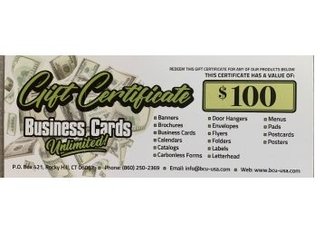 $100 Gift Certificate To Business Cards Unlimited