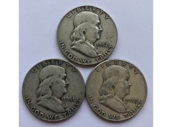 3 Franklin Half Dollars Dated 1950, 1951 D, 1952 D