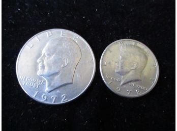 1972 U.s. Eisenhower Dollar & 1972 Kennedy Half Dollar