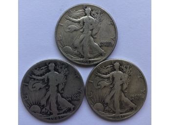 3 Walking Liberty Half Dollars Dated 1941, 1942, 1943 S