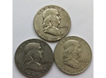 3 Franklin Half Dollars Dated 1952, 1960, 1962 D