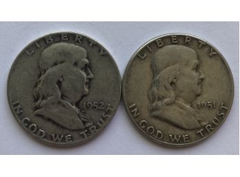 2 Franklin Half Dollars Dated 1951 And 1952 D