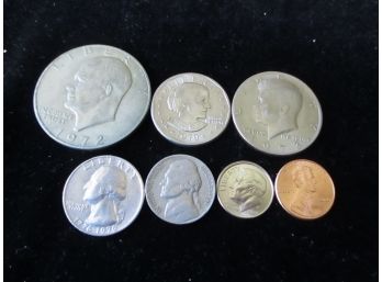 7 U.s. Coins, Ike & SBA Dollars, Half, Quarter, Dime, Nickel And Penny