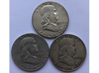 3 Franklin Half Dollars Dated 1951 D, 1952 S, 1952