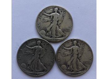 3 Walking Liberty Half Dollars Dated 1941, 1944 D, 1945
